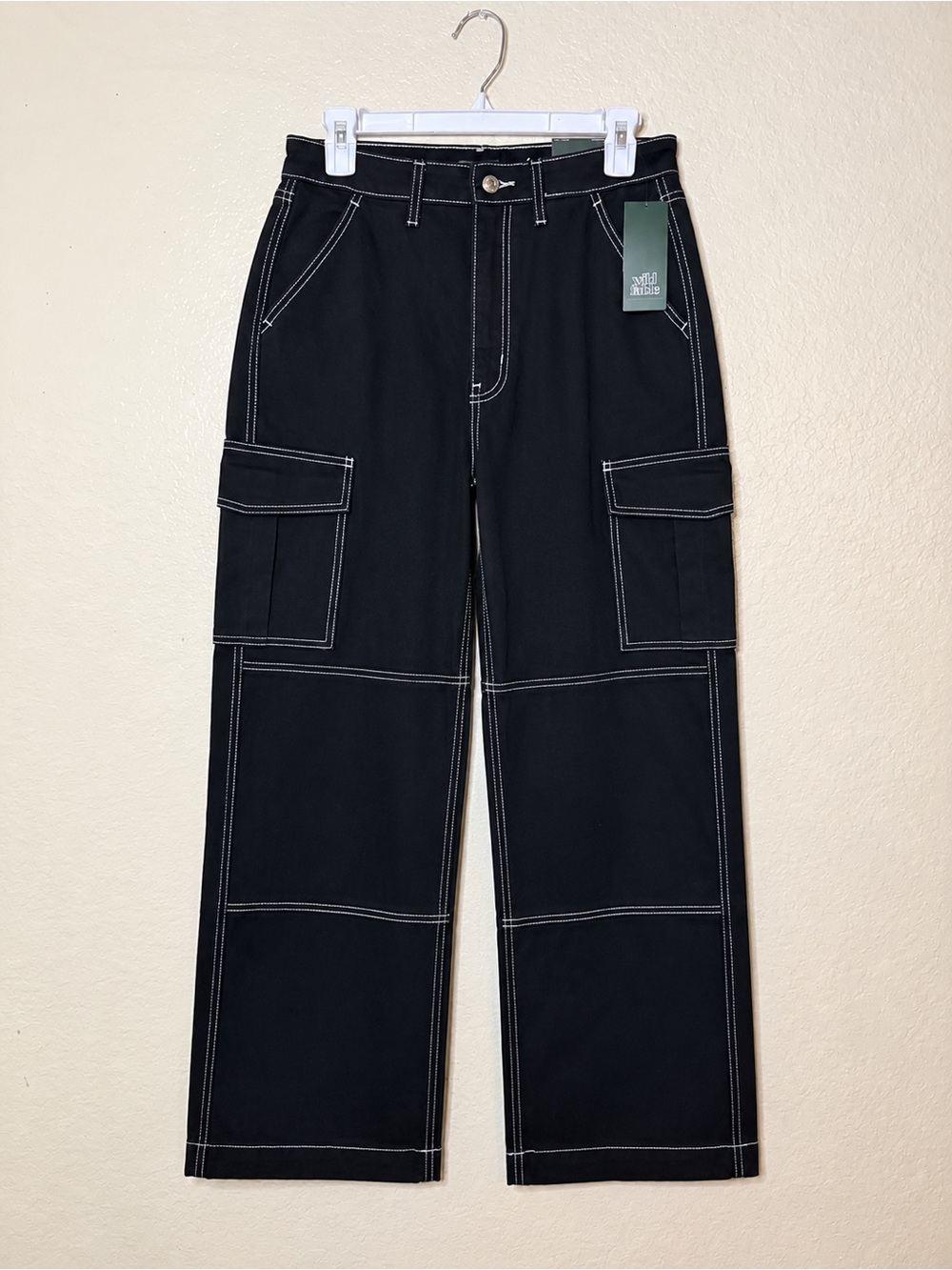 wild fable Black Wide-Leg Cargo Jeans with White Topstitching